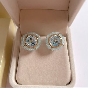 New 14k yellow gold blue topaz handcrafted earrings from charm diamond centres